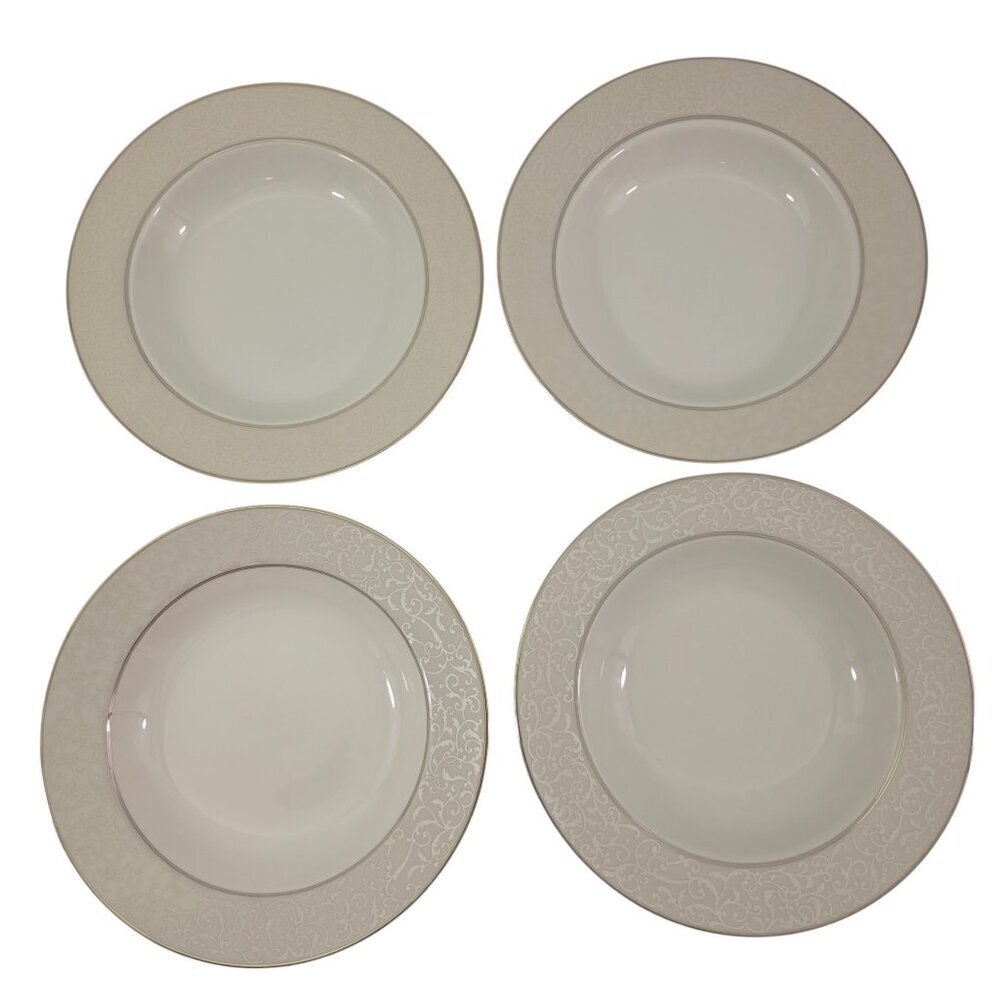 Mikasa Fine China Parchment Platinum Trim Rimmed Soup Salad Bowls – Set of 4